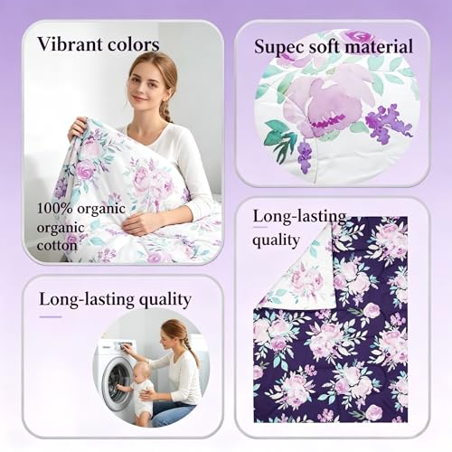 Image of TANOFAR 4 Piece Crib Bedding Set for Girls, Purple Flower Quilt, Crib Skirt, Diaper Stacker, Soft Microfiber Comforter, Cotton