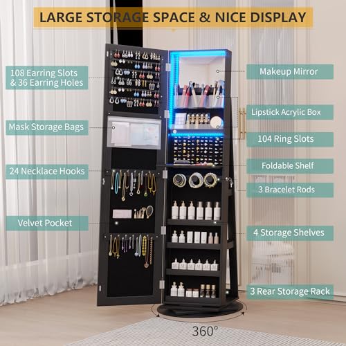 Vlsrka 360° Swivel Mirror Jewelry Cabinet with Lights, Large Jewelry Armoire Cabinet Standing, Lockable Free length Mirror with Storage, Rear Storage Shelves, Black