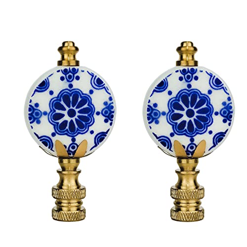 Image of Royal Designs, Inc. Crackled Round Disk White with Blue Accent Finial for Lamp Shade, F-5302-PB-2, Polished Brass - Pack of 2
