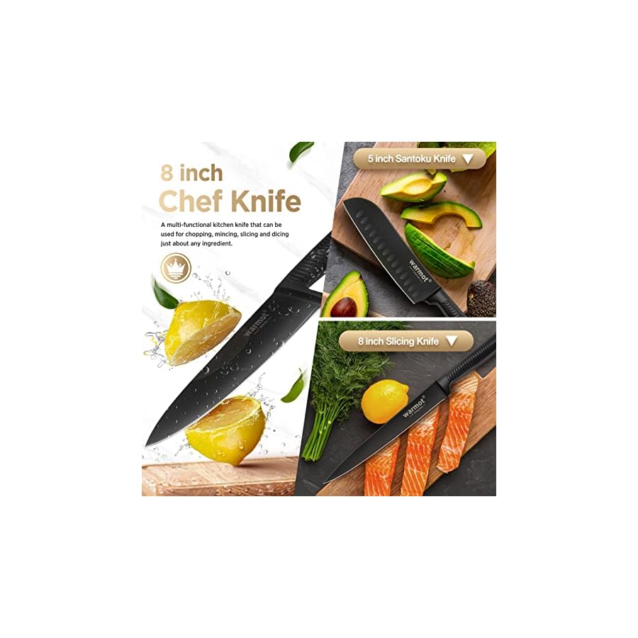 Kitchen-Knife-Set-with-Block-Warmot-15-Pcs-Ultra-Sharp-Chef-Knife-Set-Knife-Set-with-Knife-Sharpener-High-Carbon-Stainless-Steel-Knife-Block-Set-Non-slip-Ergonomic-HandleBlack Warmot® Kitchen Knife Set, 15 Pieces Knife Set Chef with Knife Sharpener Block, Ultra Sharp German Stainless Steel Knife Set Ergonomic Handle, Elegant Black
