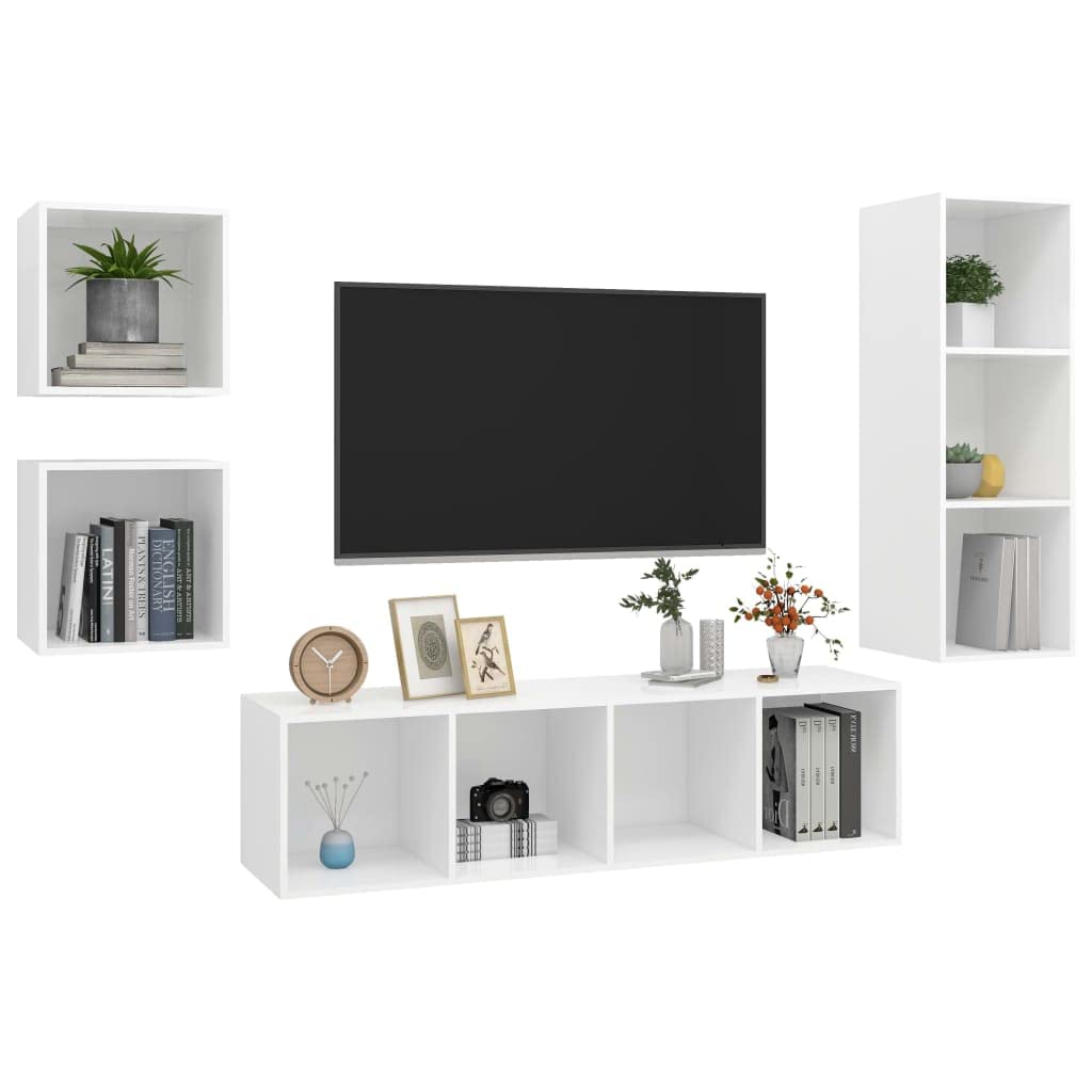 4-TLG. TV-Schrank-Set, Weiß, Holzwerkstoff, Wandmontage, Modernes Media-Center für Wohnzimmer, Schlafzimmer, Vielseitige Aufbewahrungslösung