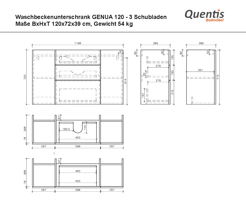 Quentis Badmöbelset Genua Breite 120 cm, weiß Hochglanz, Waschbecken mit Unterschrank, 3 Softclose-Schubladen, 2 Türen, Waschbeckenunterschrank montiert