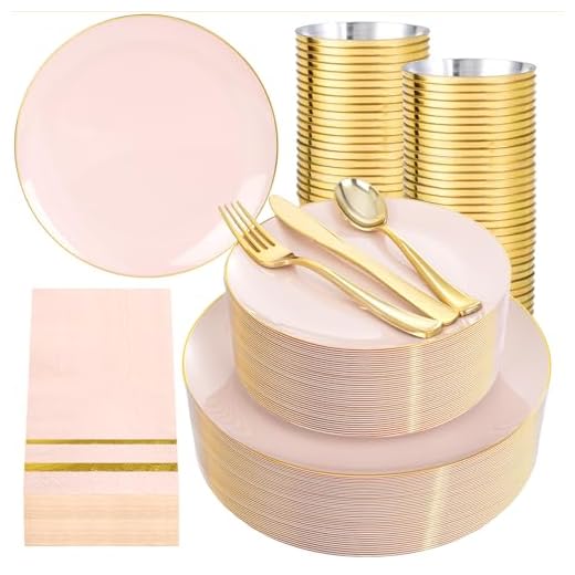 NOCCUR 350PCS Pink and Gold Plastic Plates - Pink Disposable Plastic Dinnerware Set for 50 Guests Include 50 Dinner Plates,50 Dessert Plates,150 Gold Cutlery,50 Cups&50 Napkins for Party&Wedding