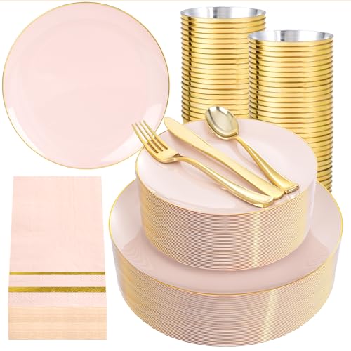 NOCCUR 350PCS Pink Plates Disposable - Pink Gold Plastic Dinnerware Set for 50 Guests Include 100 Dinner/Dessert Plates 150 Cutlery 50 Cups&50 Napkins - Ideal for Party/Wedding/Mothers Day