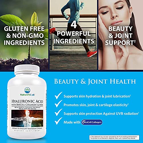 Nature's Lab Hyaluronic Acid With Biocell Collagen And Msm - Skin Hydration, Joint Health - 120 Capsules (40 Day Supply) #TOP2