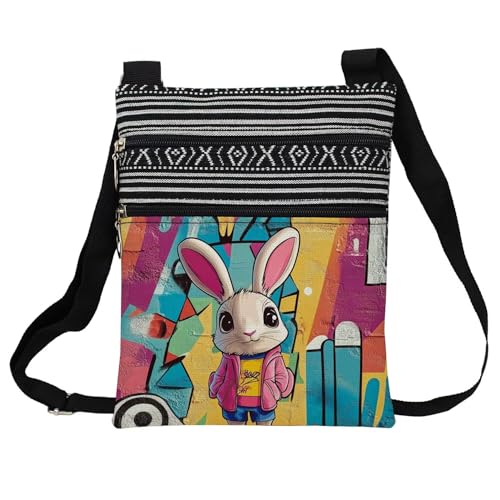 Street Art Rabbit Messenger Bag Small Ethnic Pattern Printed Adjustable Strap Crossbody Zipper Bag Street Art Rabbit Phone Bag Wallet Cute Shoulder Handbag for Women Friends -2