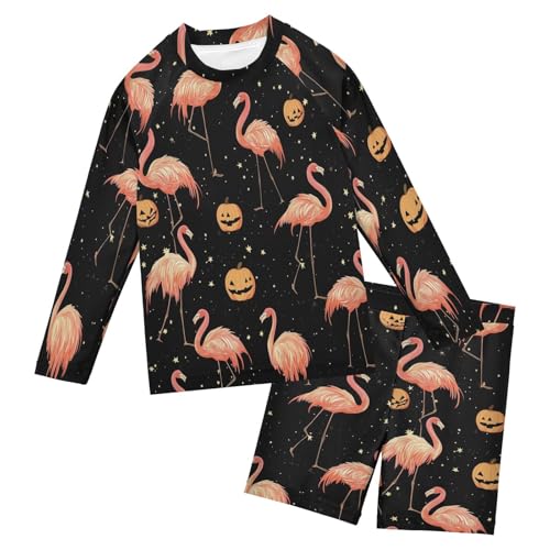 Halloween Flamingo Pumpkin Boys Swimsuit Rash Guard Toddler Kids Long Sleeve Swim Shirt and Trunks Swimwear Set 3-10Y