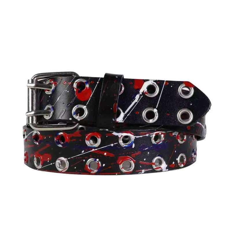 Double Grommet Belt for Women Men Genuine Leather Belts Graffiti Prong Buckle Vintage Punk Rock Jeans Belts