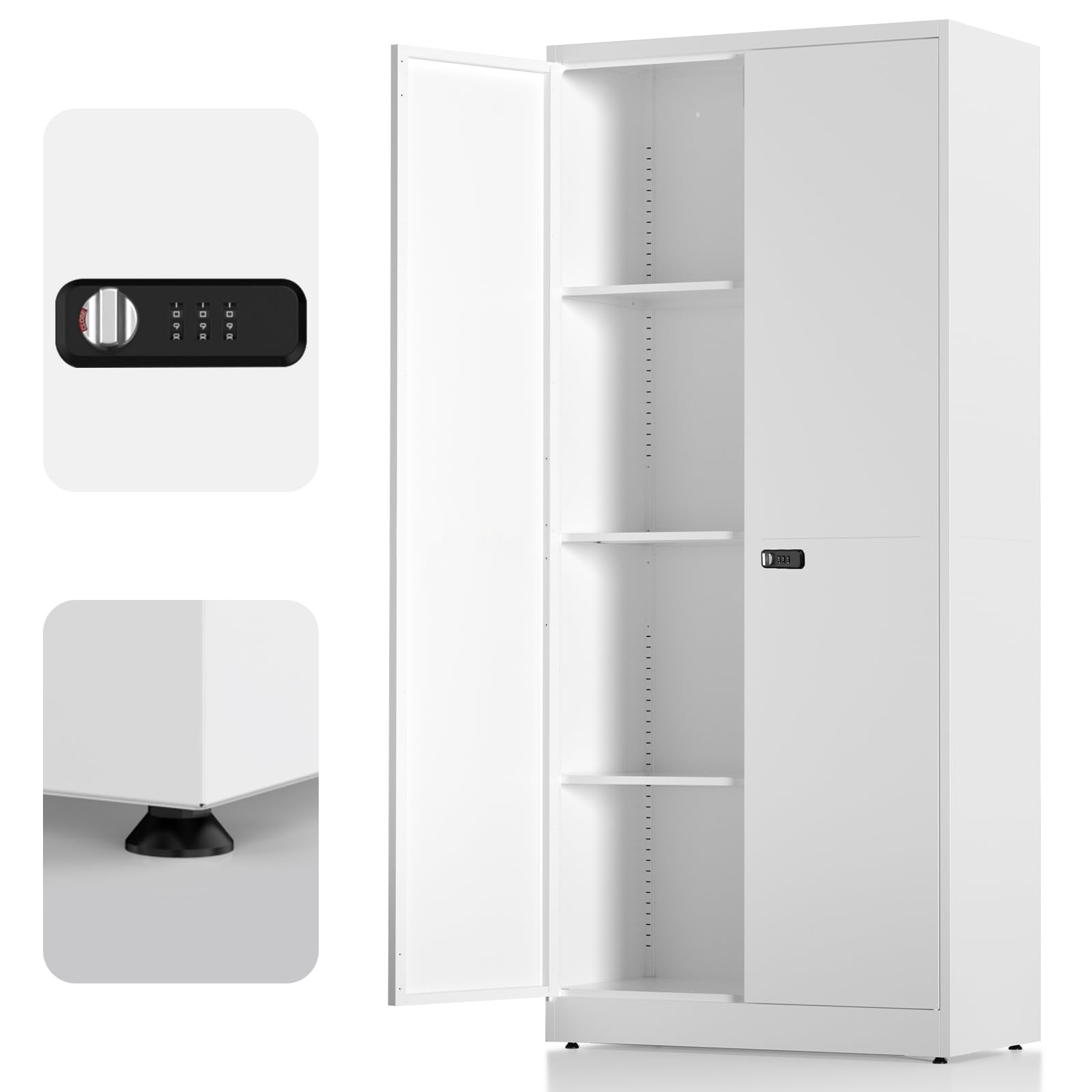 Aktenschrank，Aufbewahrungsschrank, Stahlspind, Abschließbarer Metallschrank mit Zahlenschloss, Verstellbare Regale, 180x80x40 cm, Mehrzweckschrank für Büro Garage & Haushalt, Weiß