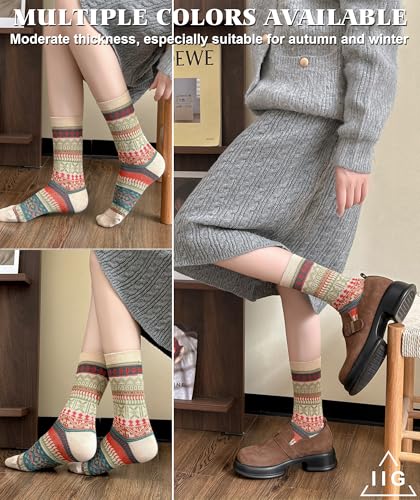 Image of IIG 3-5 Pairs Womens Vintage Cozy Crew Socks Soft Cute Neutral Cotton Socks Exquisite Patterns Socks Gift