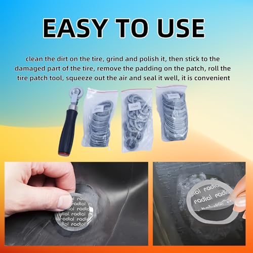 Image of 91Pcs Tire Patch Kit, 32mm 42mm 58mm Round Tire Patch and Tube Patch Tire Repair Tools Tire Patching Kit for Car Truck Bike Motorcycle Vehicle Puncture Repair with 1 Tire Patch Roller