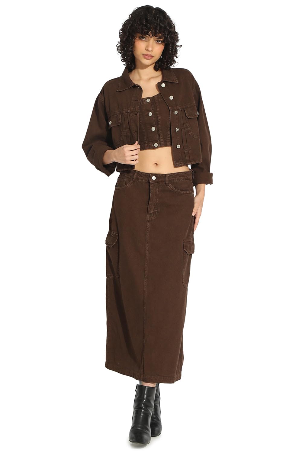 showoffff Edition Women's Brown Top and Skirt Co-Ords Set with Over Jacket-IM-11609-08-10_Brown_L-picture-48