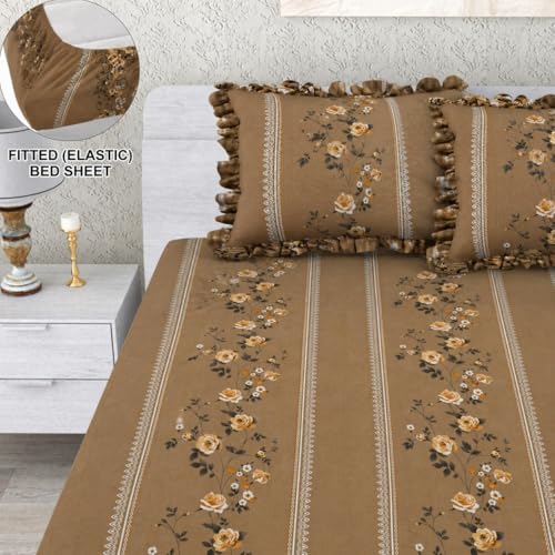 Image of VOMZER Queen Size (60x78) 300 TC Soft Cotton Feel Microfiber All Around Elastic Fitted Double Bedsheet with 2 Frill Pillow Covers | Beige Lily