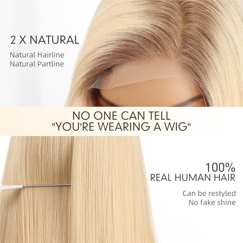 Image of KKU 100% Human Hair Wigs for Women,Real Human Hair Wigs,Side Swept Bangs Lace Front Wig(16 Inch,Ombre Blonde)