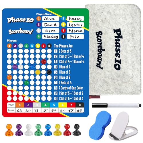 Yumxio Magnetic Erasable Phase 10 Scoreboard - 8 Player Compatible 2026 Upgrade | Waterproof Portable Score Keeper with Stand & Storage Bag for Camping Family Game Night & Travel (Blue)