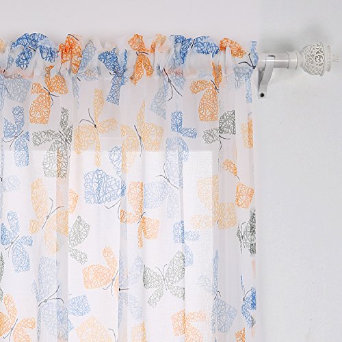 Image of Deconovo Decorative Blackout Printed White Sheer 84 Inch Length-Rod Pocket Voile Drape Curtains for Bedroom, 42W x 84L Inch, Blue Green and Orange