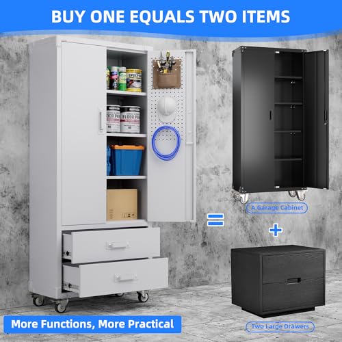 Image of Metal Garage Storage Cabinet with Wheels, 2 Drawers and Pegboard, White