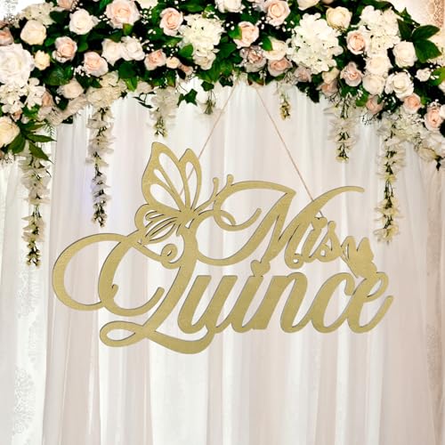 Image of Yuntau Mis Quince Sign Quinceanera Decorations 15th Birthday Quinceanera Party Backdrop Wooden Banner Wall Decor Golden Mis Quince 15th Birthday Gift Wall Bedroom Photo Booth Decor Gift