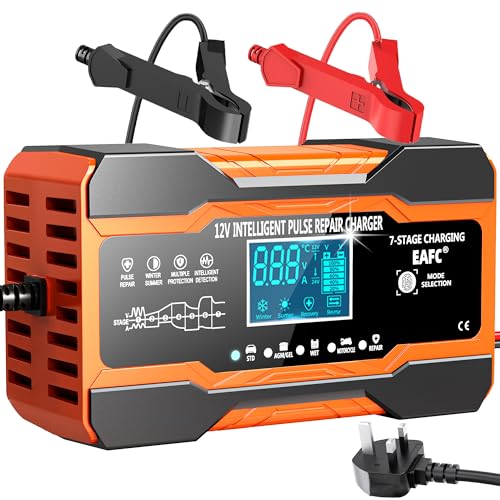 EAFC 12-Amp Car Battery Charger, 12V/12A Smart Fully Automatic Battery Charger with Temperature Compensation for Car Truck Motorcycle lawnmowers Marine Lead Acid Batteries (power cord length 2m)
