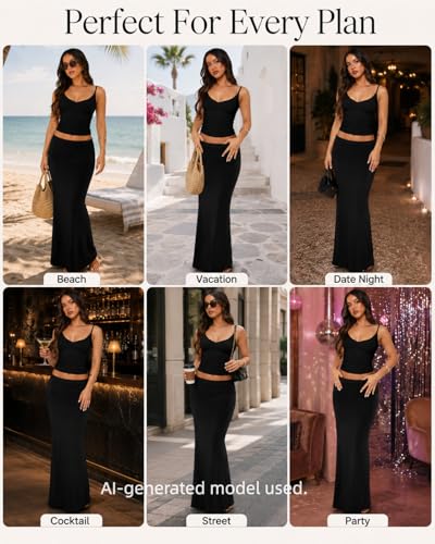 Image of Two Piece Skirt Set for Women - Sexy Sleeveless Spaghetti Strap Pleated Tank Top Maxi Long Skirts Sets
