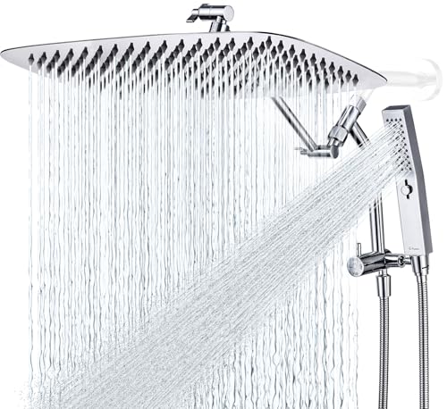 G-Promise All Metal 16 Inch Shower Head with Massage Mode Handheld, Rain Shower Head with Handheld Spray Combo, 3-Way Diverter with Pause Setting, 12 Inch Adjustable Extension Arm (Chrome)