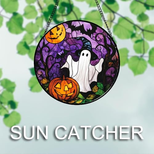 Image of Stained Glass Window Hanging Halloween White Ghost Black Bat 6.3 inch - Suncatcher Door Garden Sunroom Horror Pumpkin Sun Catcher Birthday for Friend Mom Men Woman Nana