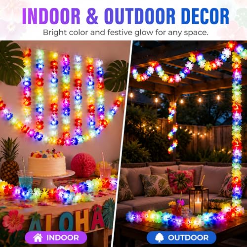 Image of 65.62 ft Light up Hawaiian Flower Lei Garland Tropical Hawaiian Garland LED Lighted Luau Party Flower Banner for Luau Summer Beach Party Decorations