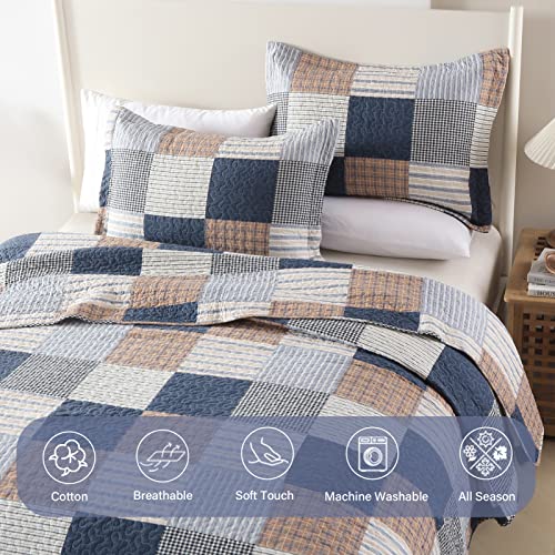 Image of Finlonte Quilt King Size - 100% Cotton King Size Comforter Set Navy Brown White Plaid Farmhouse Quilt Bedding Set, Reversible Lightweight Soft Bedspread, Quilted Coverlet All-Season, 3-Piece
