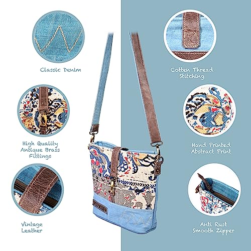 3B SHOUZO Messenger and Shoulder Bag - Blue Denim Shoulder Bag | Upcycled Vintage Canvas & Leather | Comes with 2 Different Straps4