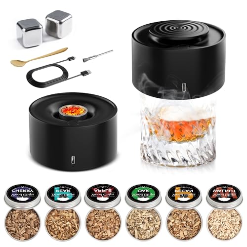 Electric Whiskey Smoker Kit, Rechargeable Built-in Lighter & LED Light, No Butane Needed, 6 Flavored Wood Chips for Old Fashioned Smoker Kit, Bourbon, Cocktail Holiday Tech Gifts for Men Dad Husband