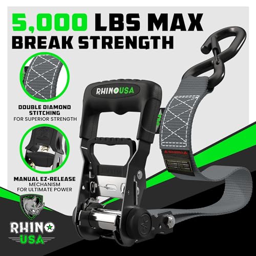 Image of Rhino USA Heavy Duty Ratchet Tie Downs (2-Pack) - 1.6in x 8ft, 5,000lb