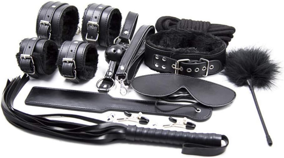 Bed Restraints Plush Black Suit with Satin Blindfold, Velvet Drawstring Bag and Feather Itch for Men and Women(Black Plush Set of Ten (10 Meters Rope))