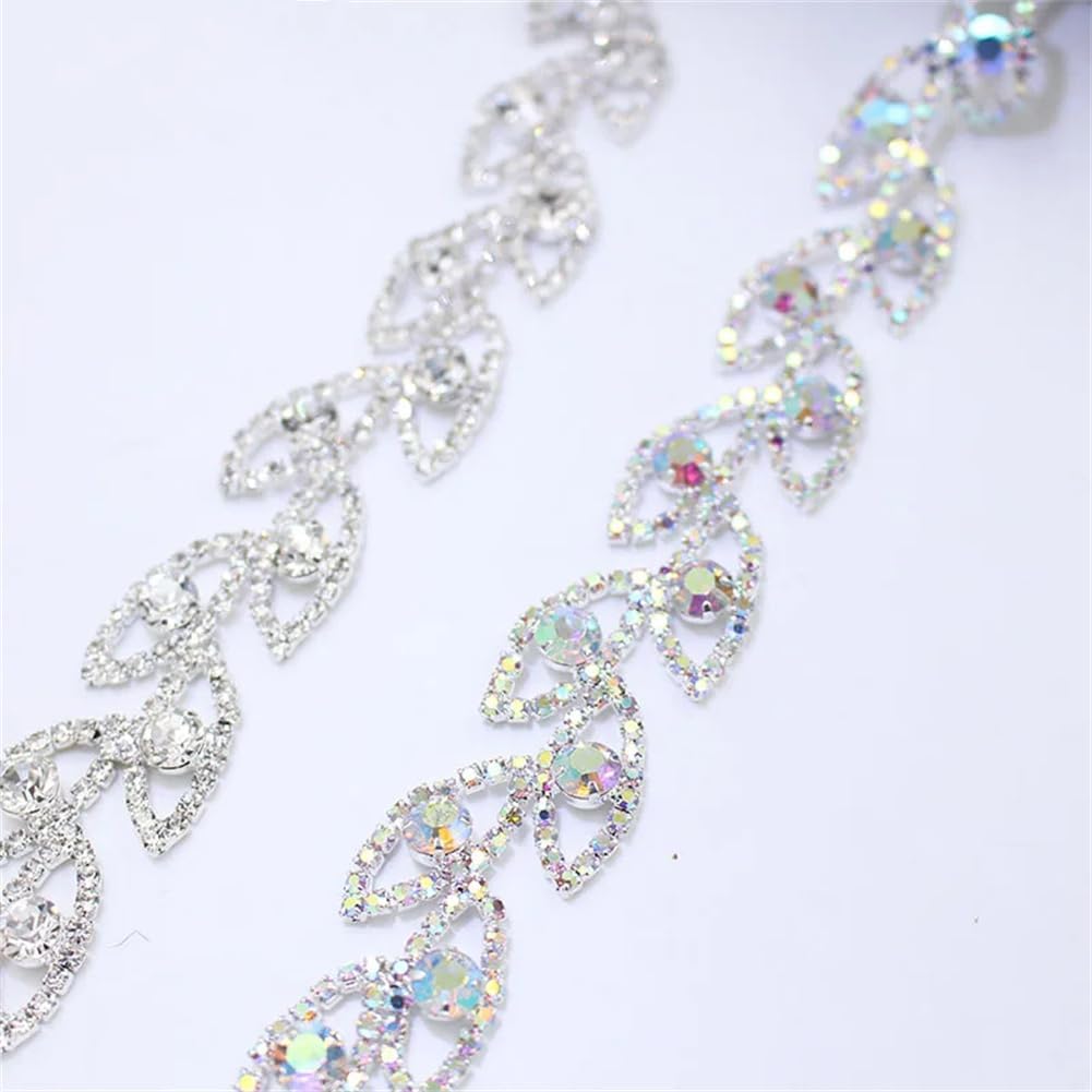 1/5Yards Leaf Crystal Metal Chain Lace Decoration Rhinestone Trim Sew On Clothing Shoes Bags AB Silver 5 Yards