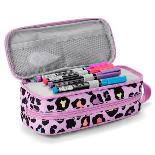 Image of Choco Mocha Girls Pencil Case for Kids, Soft Large Zipper Pencil Pouch for Kids with 2 Compartments Girls Pencil Case for School Leopard Pencil Bag, Cheetah Pink