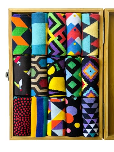 JNRB Men's/Women's Cotton Colorful Crew Dress Socks Geometric Pattern Engraved Gift Box, Size S-M or L-XL 15pack or 18pack4