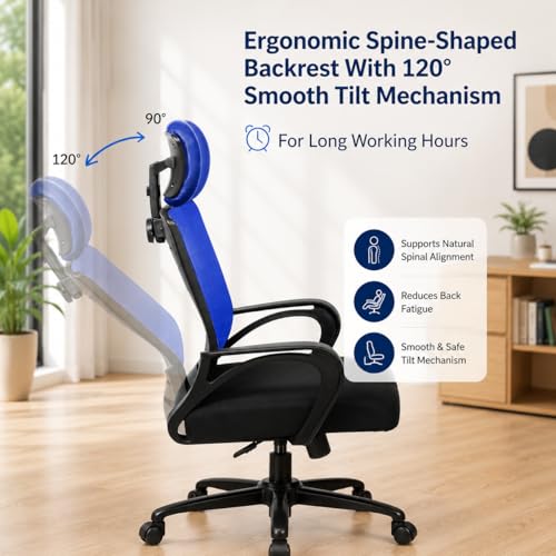 Image of HIGHLIVING Ergonomic Office Chair | Adjustable Headrest | 120 Tilt | Breathable Mesh Back | Moulded Foam Seat | Class 4 Gas Lift | Metal Base | High Back Computer Chair for Home & Office