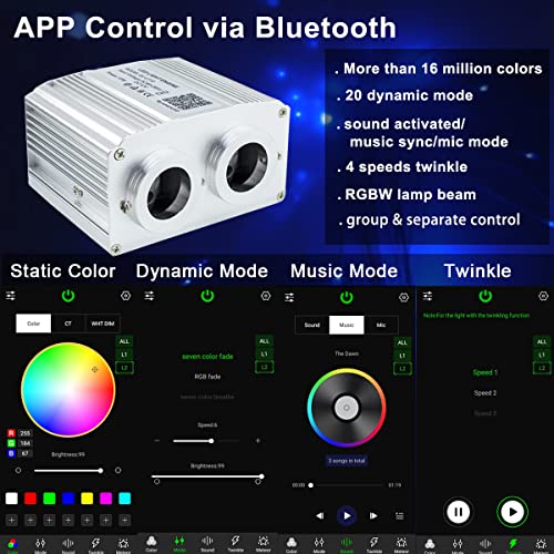 Image of AZIMOM Dual Port 16W Twinkle Bluetooth Fiber Optic Lights Star Ceiling Light Kits Mixed860pcs*13.1ft Fibers Strands Sound Activated RGBW APP /Remote Light Engine for Car Home Starlight Headliner Decor
