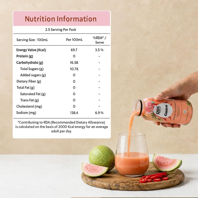 Image of Rus Organic Guava Juice | Cold-Pressed & Natural | No Added Sugar or Preservatives | Rich in Antioxidants | Refreshing Guava Fruit Drink | Pack of 8 (250ml Each) | Travel Juice | Real Guava