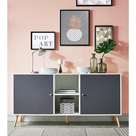 Generique Buffet Bas Scandinave Decor Blanc Et Gris Fonce Pieds En Bois Hevea L 150 Cm Amazon Fr Cuisine Maison
