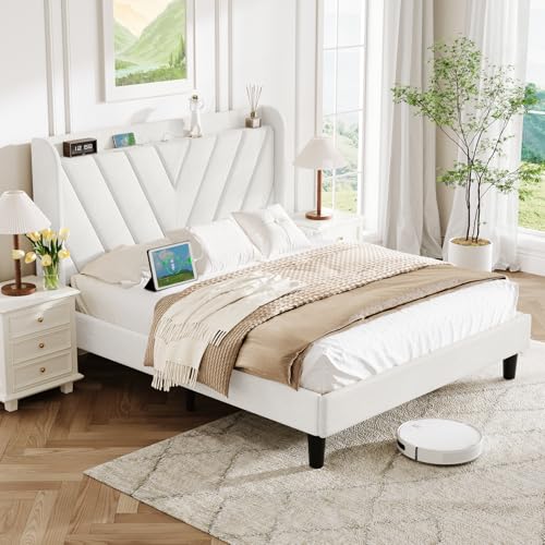 Image of koorlian Queen Bed Frame with Headboard, Adjustable Upholstered Platform Bed Frame with Type-C&USB Ports, Wingback Storage Headboard, Solid Wood Slats Support, No Box Spring Needed, White