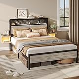 Bestier Full Bed Frame with Horizontal Golden Stripe Storage Headboard&LED Nightstands, Metal Platform Bed with Charging Station, Heavy Duty Metal Slats, No Box Spring Needed, Noise Free(Grey Oak)