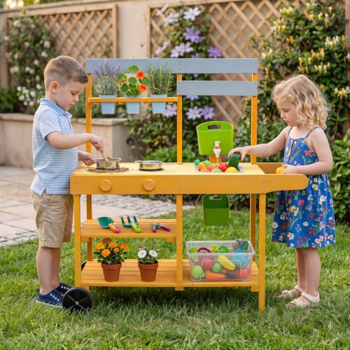 Image of HONEY JOY Mud Kitchen with Wheels, Fir Wood Outside Play Kitchen for Toddlers, Realistic Faucet & Water Tank, Stoves, Sink, Storage Shelf, Planter Cups, Mud Table for Kids Outdoor Backyard,Natural