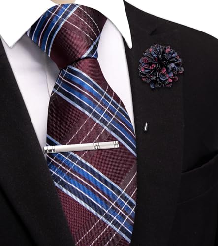 Image of Hi-Tie 63 inches Striped Paisley Extra Long Ties for Men Silk Necktie with Lapel Pin Tie Clip Big and Tall Men Formal Wedding