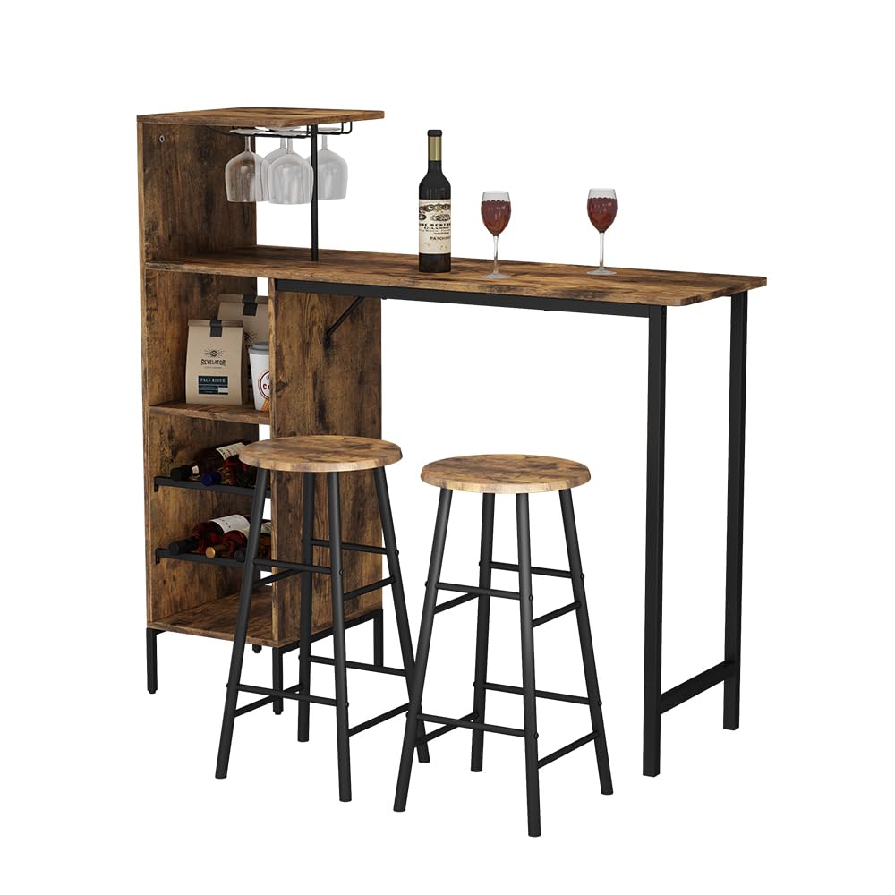 Vicco Set de Table de Bar Fyrk, Noir/chêne Rustique, 121.5x40cm avec 2 tabourets, Convient comme Coin Repas avec Surfaces de Rangement pour Le Stockage