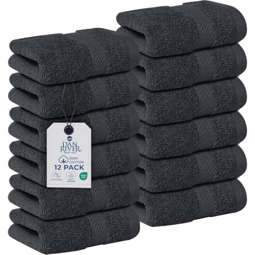 Image of DAN RIVER 12-Pack Premium 100% Cotton Dark Gray Face Towels for Bathroom - Reusable Face Wash Cloths for Showering 12x12 Inches - 550 GSM Super Soft & Absorbent Luxury WashCloths for Body, Spa & Gym