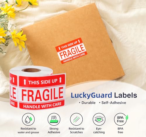Image of 3 x 2 Inch Handle with Care This Side Up 300 Permanent Adhesive Fragile Stickers for Shipping Moving Glass Labels (1 Roll, 300 Labels)