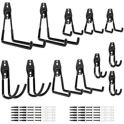 Fippy 12 Stück Wandhaken Garage Schwerlast Garagenhaken Wandhaken Schwarz Gerätehaken Wand Multi Größe Garagenhaken Gummiert für Leiter Geräte Werkzeuge Stuhl Schlauch Fahrrädern Cover
