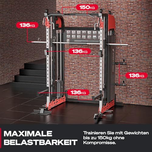 Sportstech SXM200 Smith Machine für Zuhause, Power Rack mit Kabelzug, Klimmzug, Langhantelstange, Bench Press, Multipresse, 140kg Trainingsgewicht, Kraftstation inkl. Griffe, Multifunktional, Home Gym – Bild 3