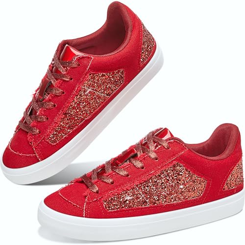 Obtaom Women Glitter Sneakers Sparkly Sequin Canvas Fashion Sneakers Comfortable Lace Up Shiny Bling Shoes for Wedding Party(Red Glitter Canvas US6)