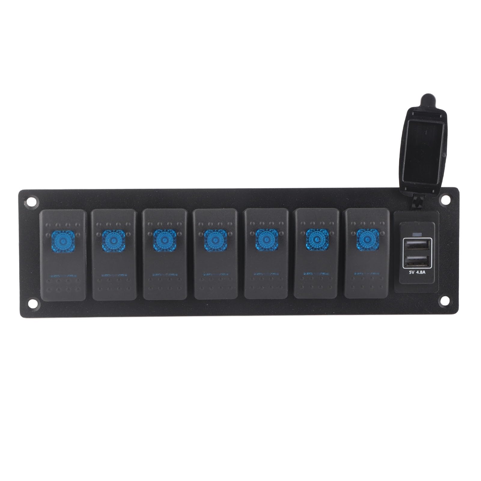 Aramox Panel Przełączników Kołyskowych, Aluminiowy Panel Przełączników Kołyskowych ABS 7 Gang Marine, Wodoodporna ładowarka z Podwójnym Portem USB IP66 Niebieski Podświetlany 12 V 24 V do Samochodu